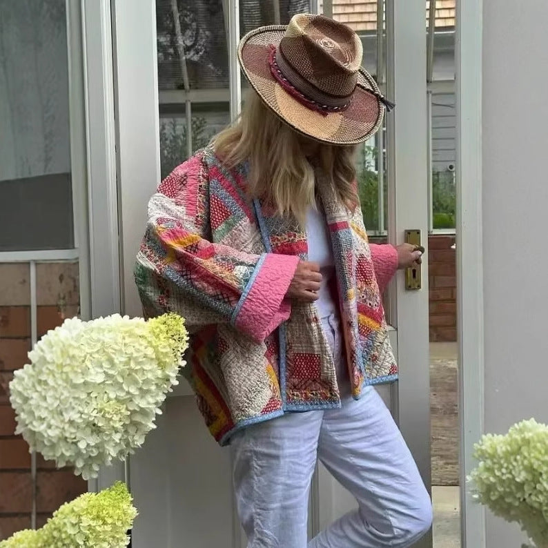 Damen gesteppte Patchwork-Jacke mit buntem Design und praktischen Taschen Drune