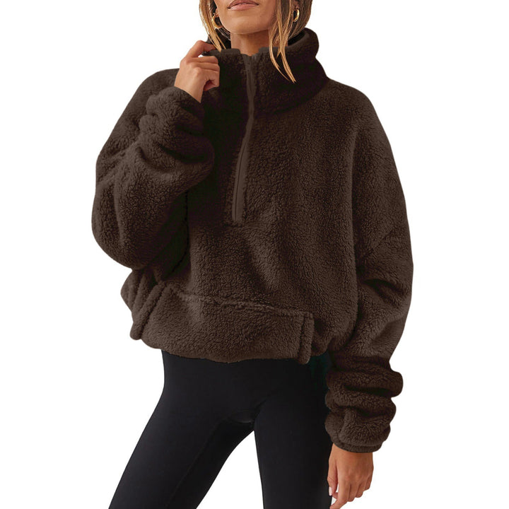 Damen nan Oversize-Halbzip Teddy-Fleecepullover mit Kängurutasche und hohem Stehkragen Drune