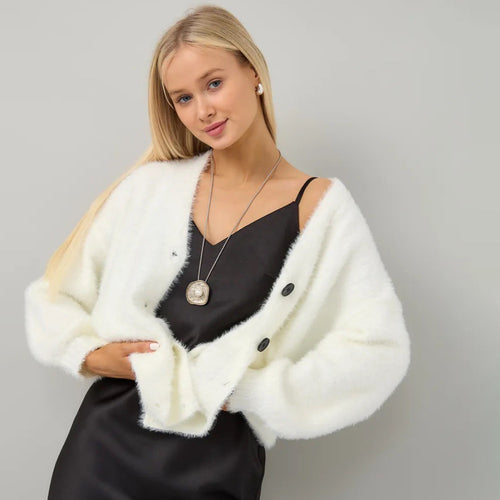 Damen Flauschiger Cardigan mit tiefem V-Ausschnitt und Knopfdetails Drune