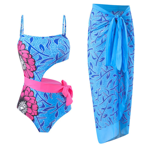 Damen Einteiler Badeanzug mit asymmetrischem Schnitt und farbenfrohem Wickelrock Drune
