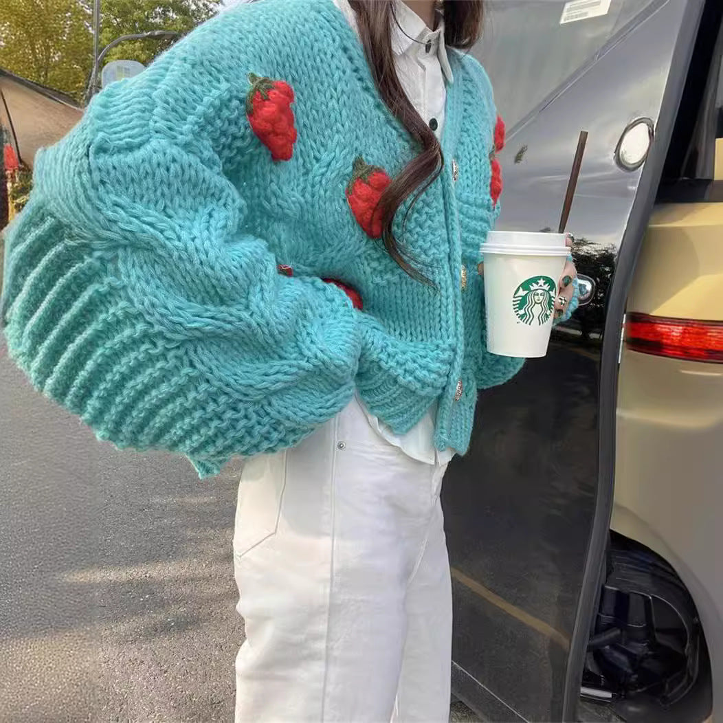 Damen Grober Strickcardigan mit Blumenstickerei und funkelnden Knöpfen Drune
