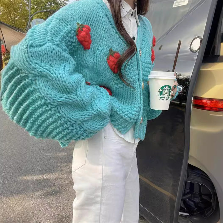 Damen Grober Strickcardigan mit Blumenstickerei und funkelnden Knöpfen Drune
