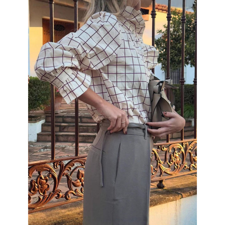Damen Karobluse mit Rüschendetails und Knopfverschluss Drune