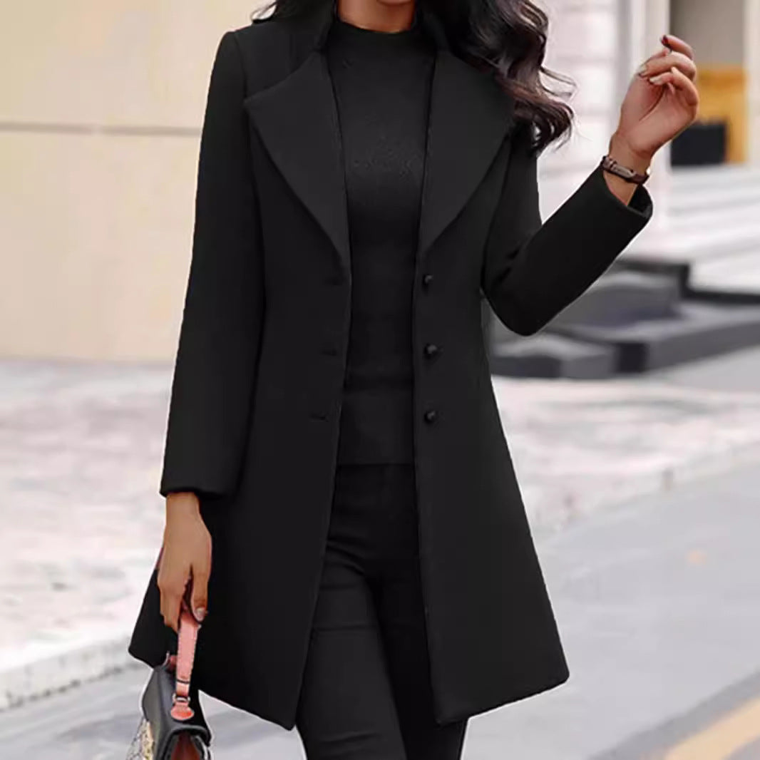 Damen zeitloser Wollmantel mit stilvollem Revers und eleganter Knopfleiste Drune