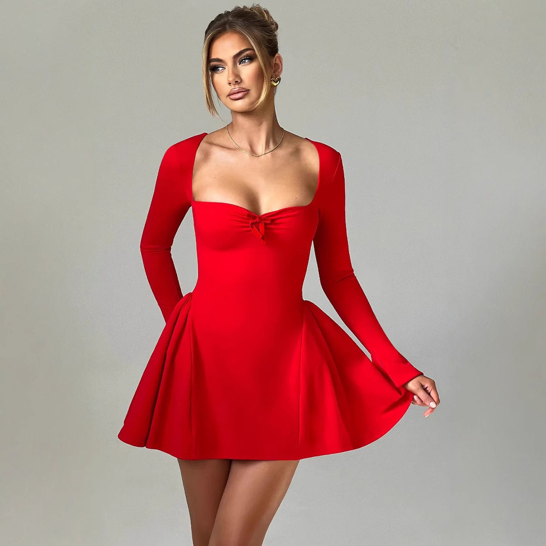 Damen Cocktailkleid mit tiefem V-Ausschnitt und schwingendem Rock Drune