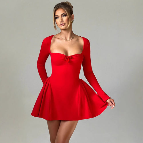 Damen Cocktailkleid mit tiefem V-Ausschnitt und schwingendem Rock Drune