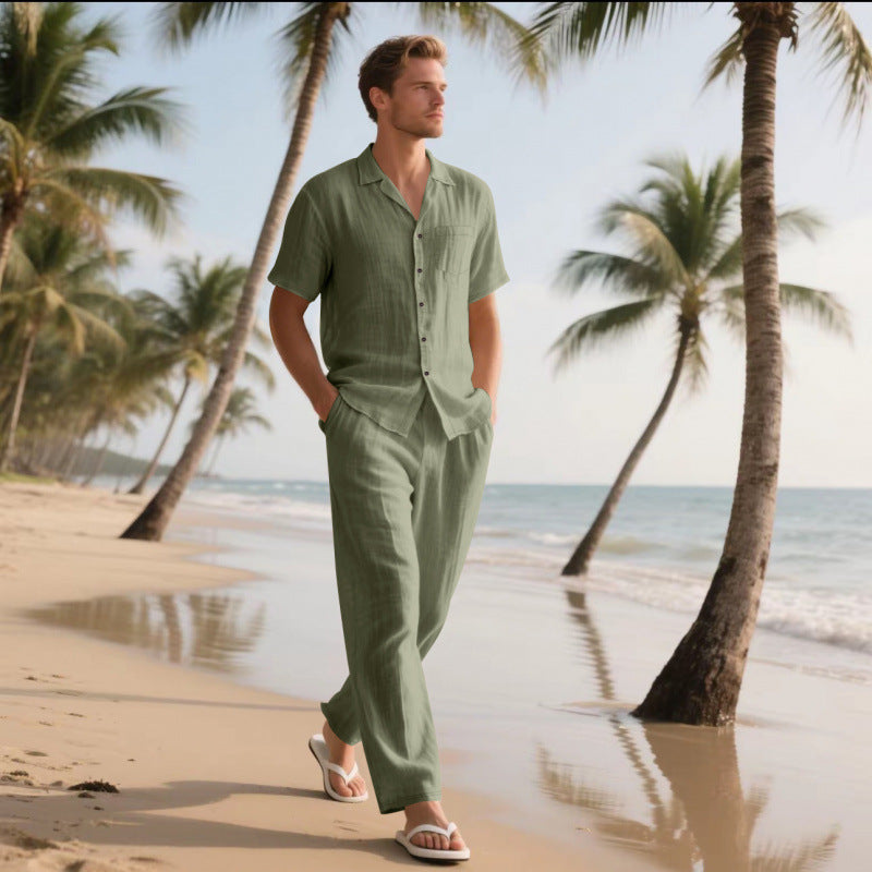 Herren locker sitzendes Leinenhemd und Hose Set Drune
