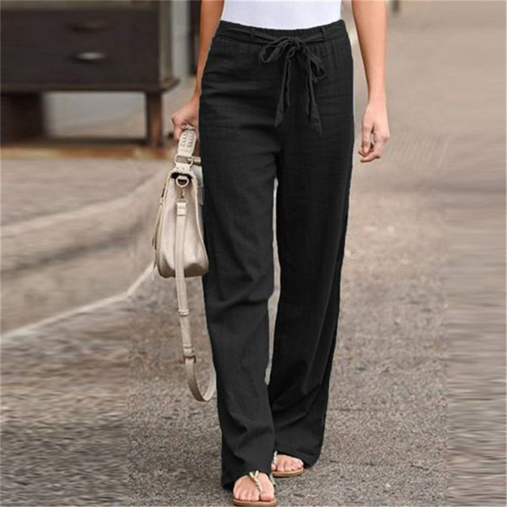 Damen nan weite Leinenhose mit Tunnelzugbund, geradem Bein und Eingrifftaschen Drune