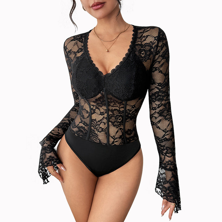 Damen Spitze Langarmbody mit elegantem V-Ausschnitt und Rüschendetails Drune