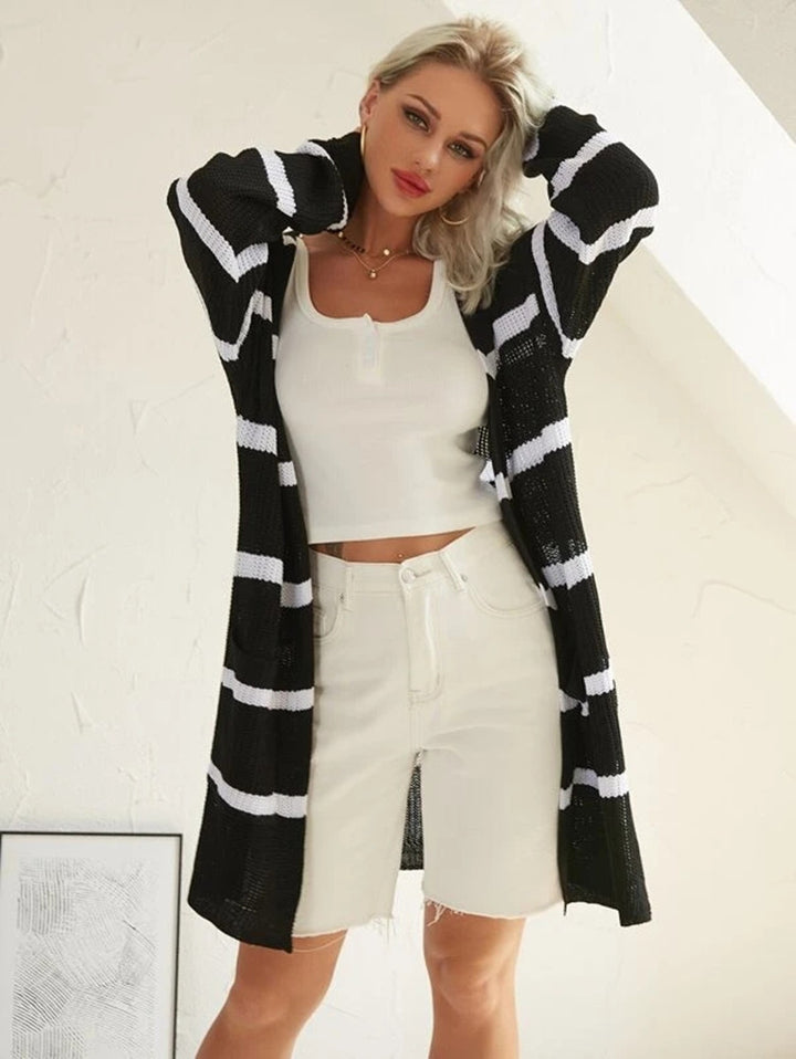 Damen lässige Strickjacke mit gestreiftem Design und offenem Schnitt Drune