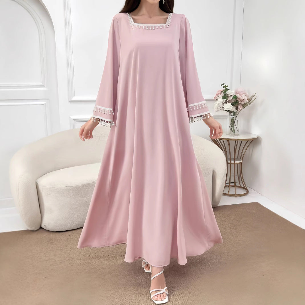 Damen Elegantes Maxikleid mit dekorativen Fransen und weiten Ärmeln Drune