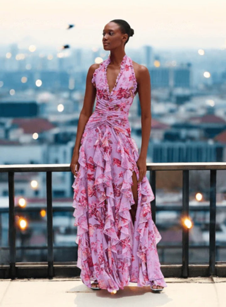 Damen Maxikleid mit voluminösen Rüschendetails und floralem Design Drune