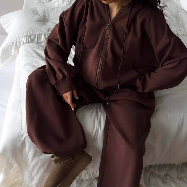 Damen nan weites Lounge-Set mit Zip-Hoodie, Kängurutasche und extraweiter Highwaist-Jogginghose Drune