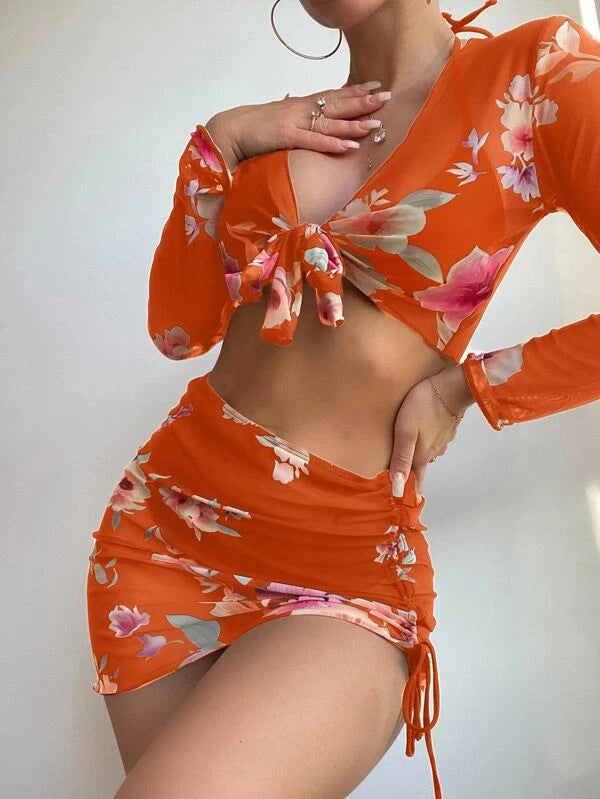 Damen Elegantes Badeoberteil mit floralem Design und Krawattenverschluss Drune
