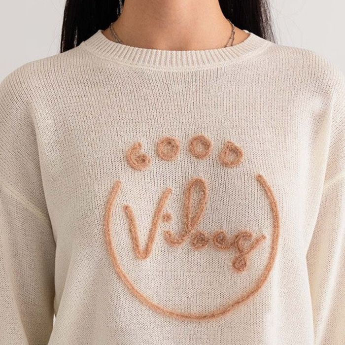 Damen Casual Pullover mit geflocktem Schriftzug Drune