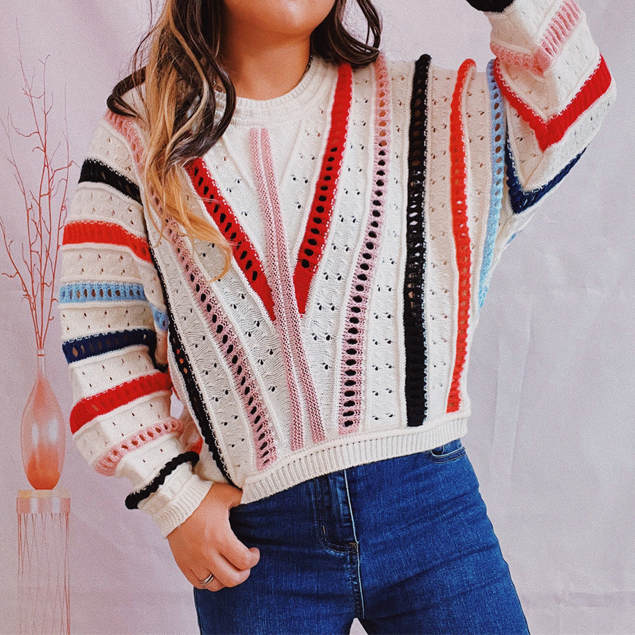 Damen modischer Pullover mit farbenfrohem V-Ausschnitt und strukturiertem Strickdesign Drune
