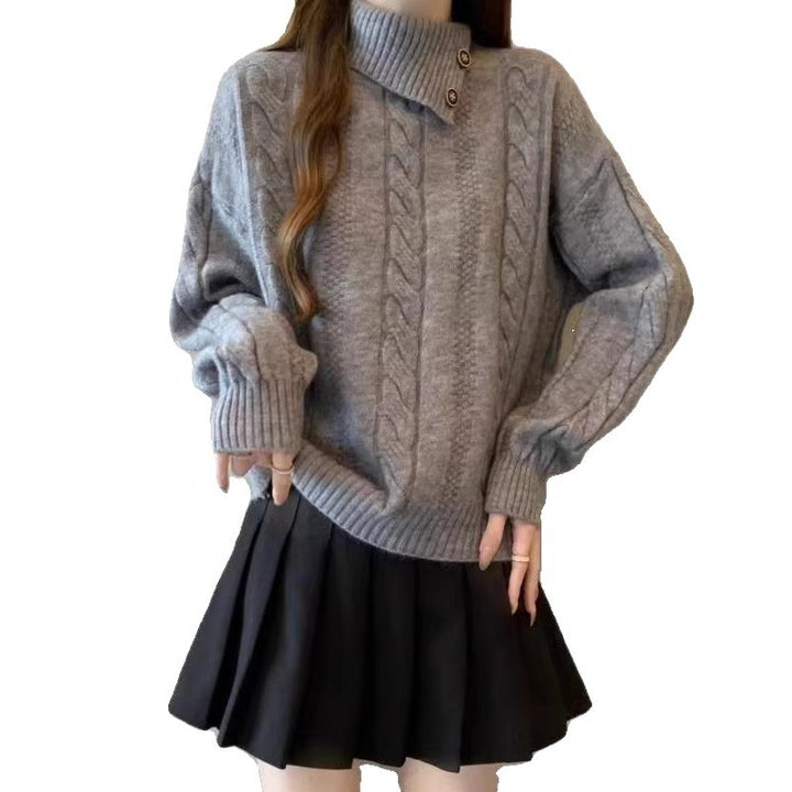 Damen Grobstrickpullover mit hochgeschlossenem Kragen und Knopfdetails Drune