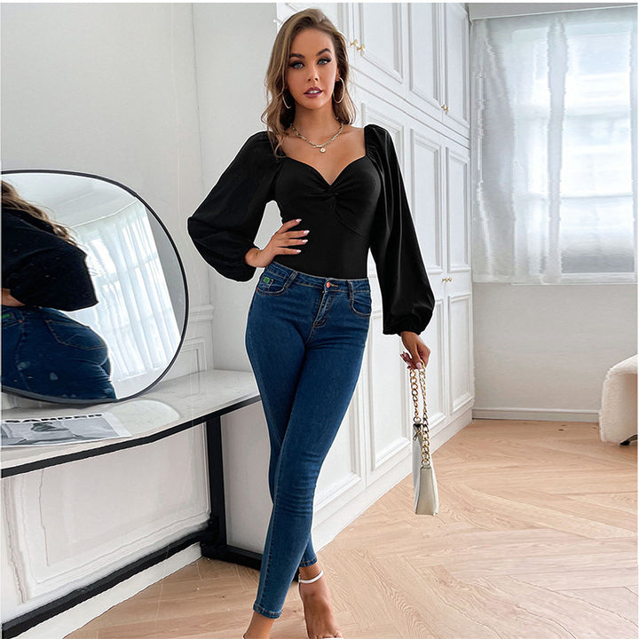 Damen Bodysuit mit elegantem V-Ausschnitt und Puffärmeln Drune