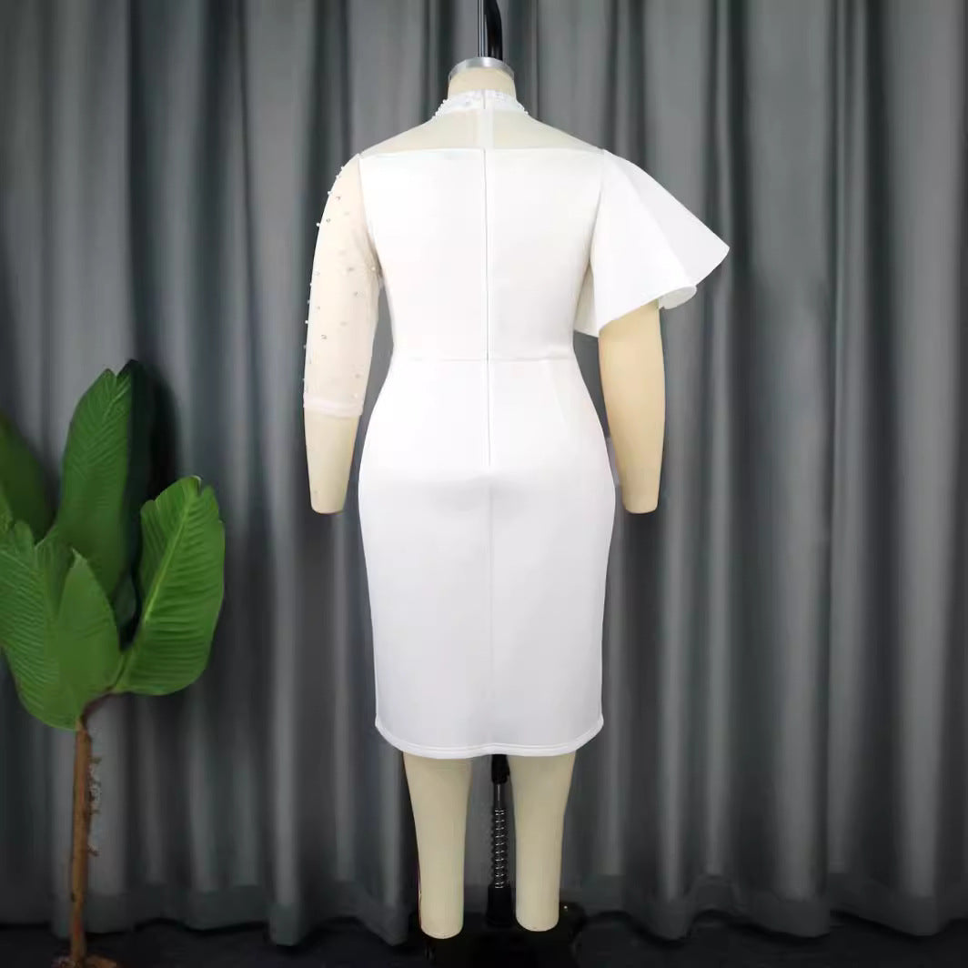 Damen Cocktailkleid mit asymmetrischem Rüschendesign und dekorativen Perlenakzenten Drune