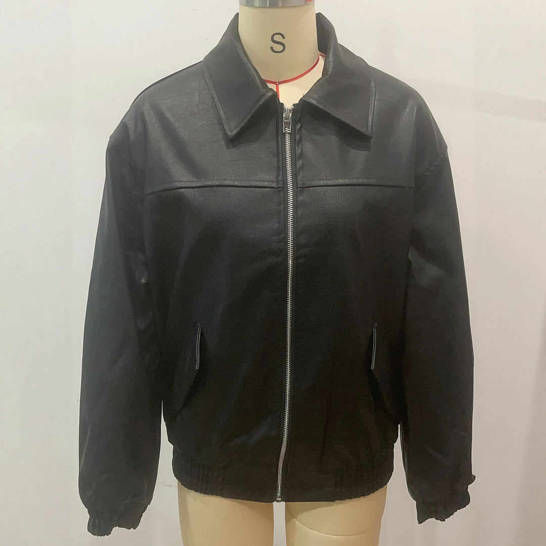 Damen lässige Lederjacke mit elastischem Saum und praktischen Taschen Drune