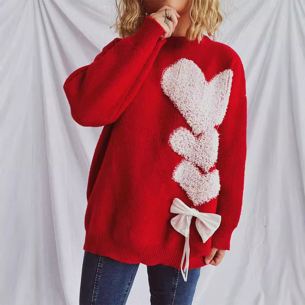 Damen Pullover mit herzförmigem Design und dekorativer Schleife Drune