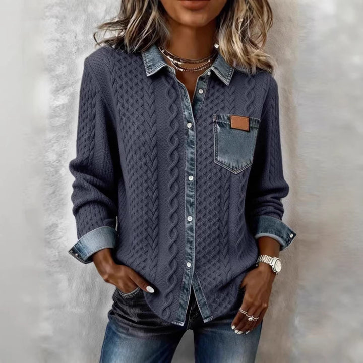 Damen nan geflochtener Strickpullover mit integriertem Jeanskragen und Brusttasche Drune