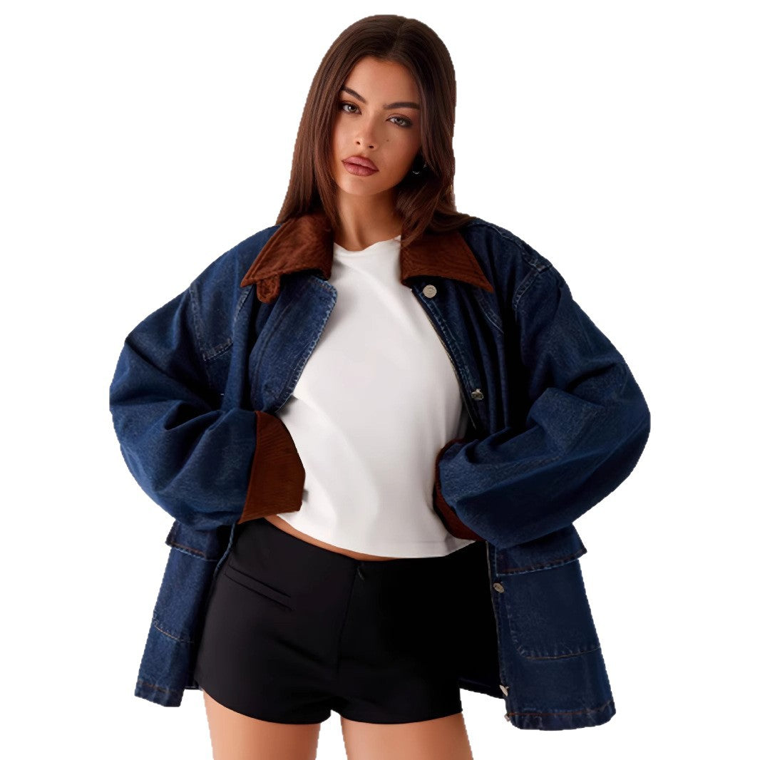 Damen Denimjacke mit Kapuze und kontrastierenden Ärmeln Drune