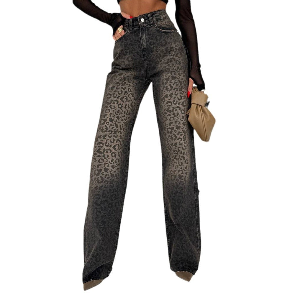 Damen Leoprint Weitlegende Jeanshose mit hoher Taille Drune
