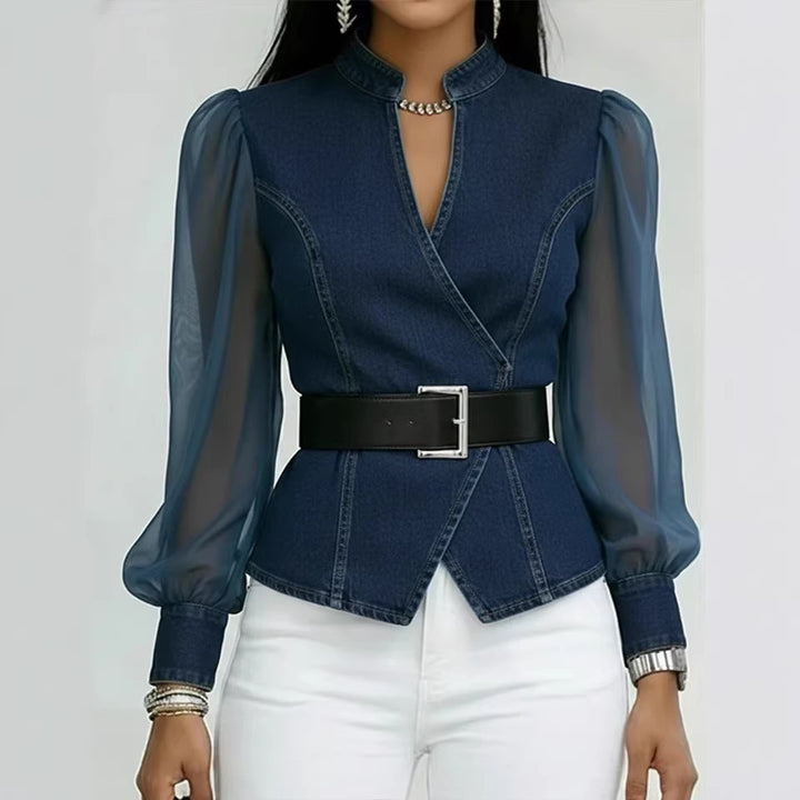 Damen Jeansbluse mit transparenten Ärmeln und tailliertem Design Drune