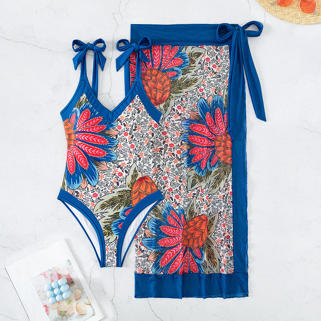 Damen Floral gemusterter Einteiler Badeanzug mit Wickelrock Drune