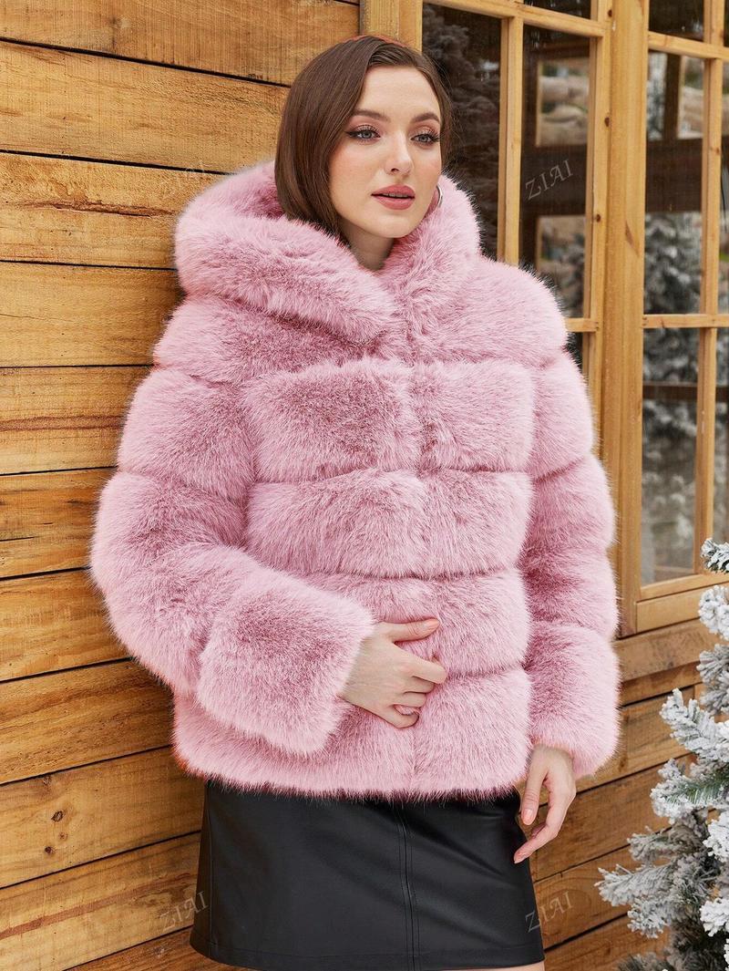 Damen Trendige Kunstpelzjacke mit Kapuze Drune