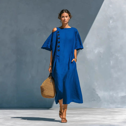 Damen Oversize-Langarmkleid mit asymmetrischem Ausschnitt und Knopfdetail Drune