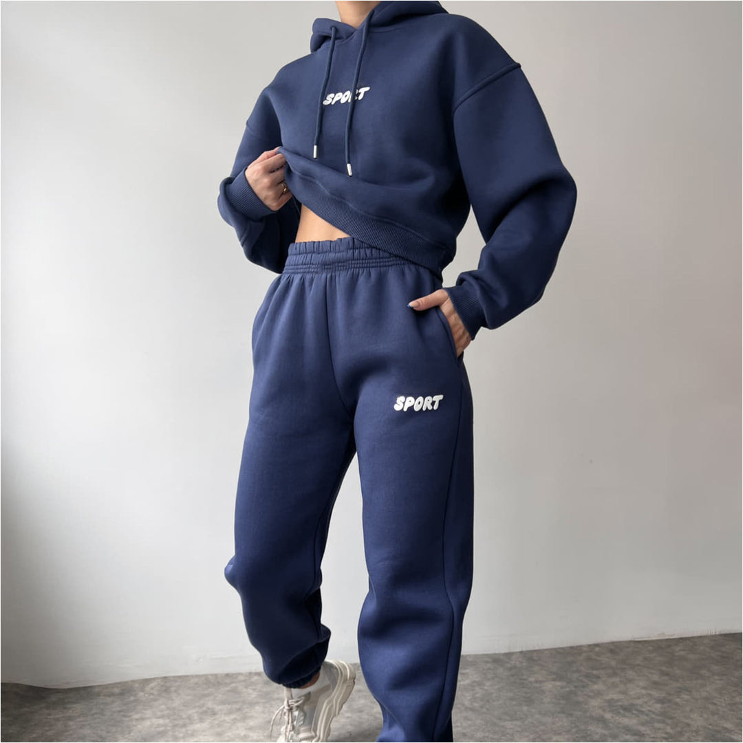 Damen modisches sportliches Set mit cropped Hoodie und weiten Jogginghosen Drune