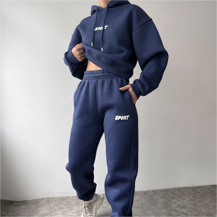 Damen modisches sportliches Set mit cropped Hoodie und weiten Jogginghosen Drune