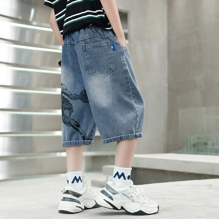 Jungen lässige Denim-Shorts mit kreativem Comic-Print Drune