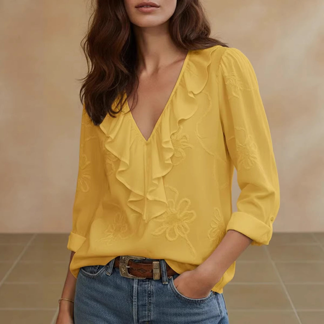 Damen elegante Bluse mit Volant und floralem Stickmuster Drune