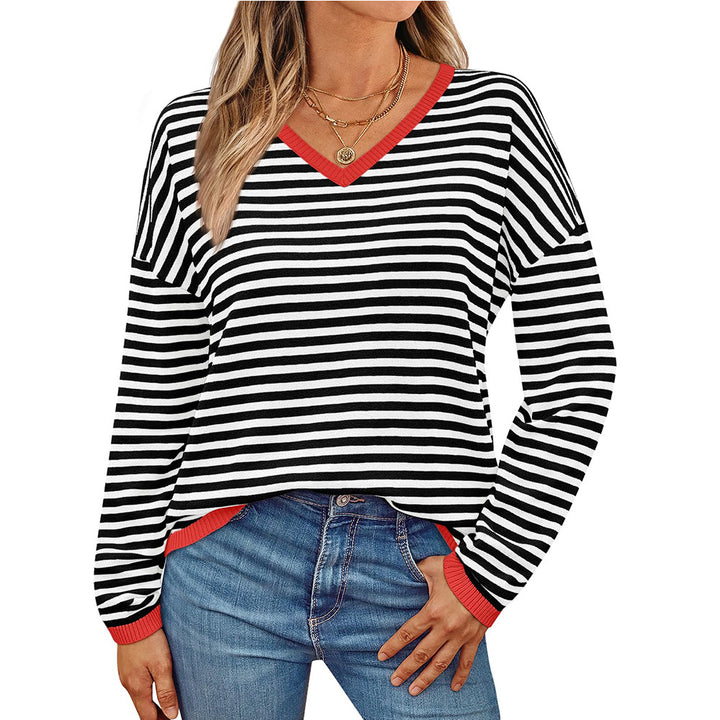 Damen lässiger Pullover mit niedrigem V-Ausschnitt und buntem Streifenmuster Drune