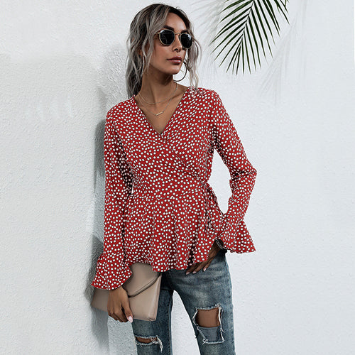 Damen Wickelbluse mit voluminösen Flügelärmeln und verspieltem Punktemuster Drune