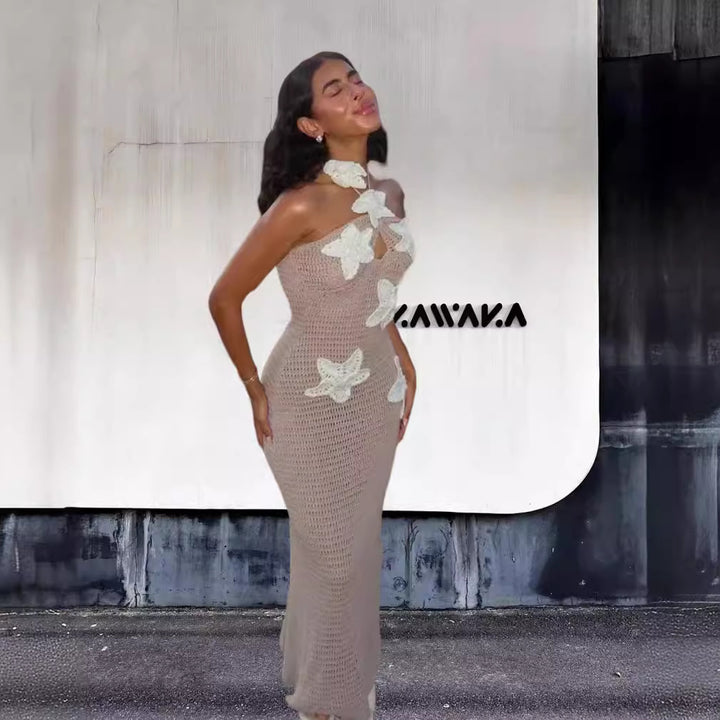 Damen Elegantes Maxikleid mit floralem Häkel-Design Drune