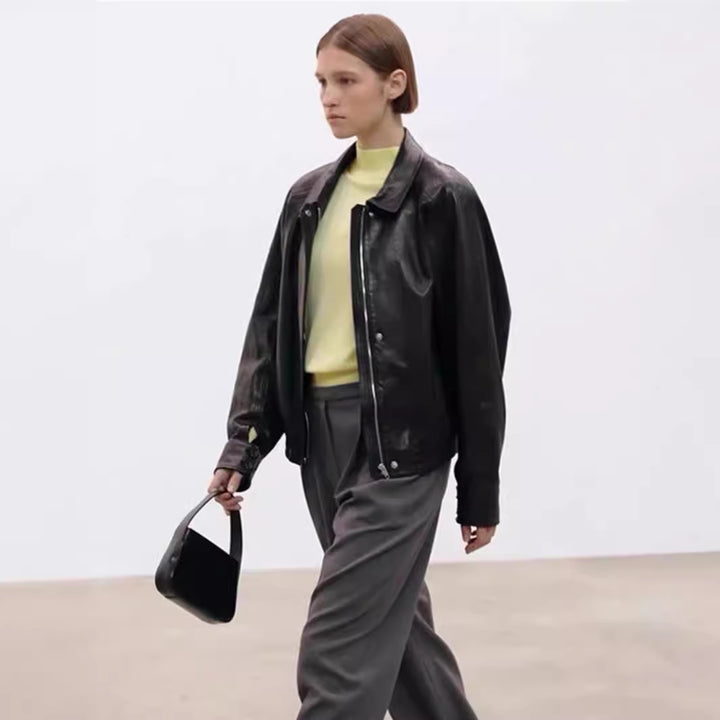 Damen Lässige Kunstlederjacke mit voluminösen Ärmeln Drune