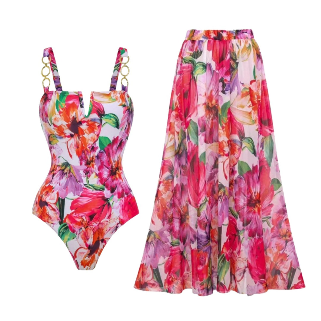 Damen eleganter Badeanzug mit floralem Wickelrock Drune