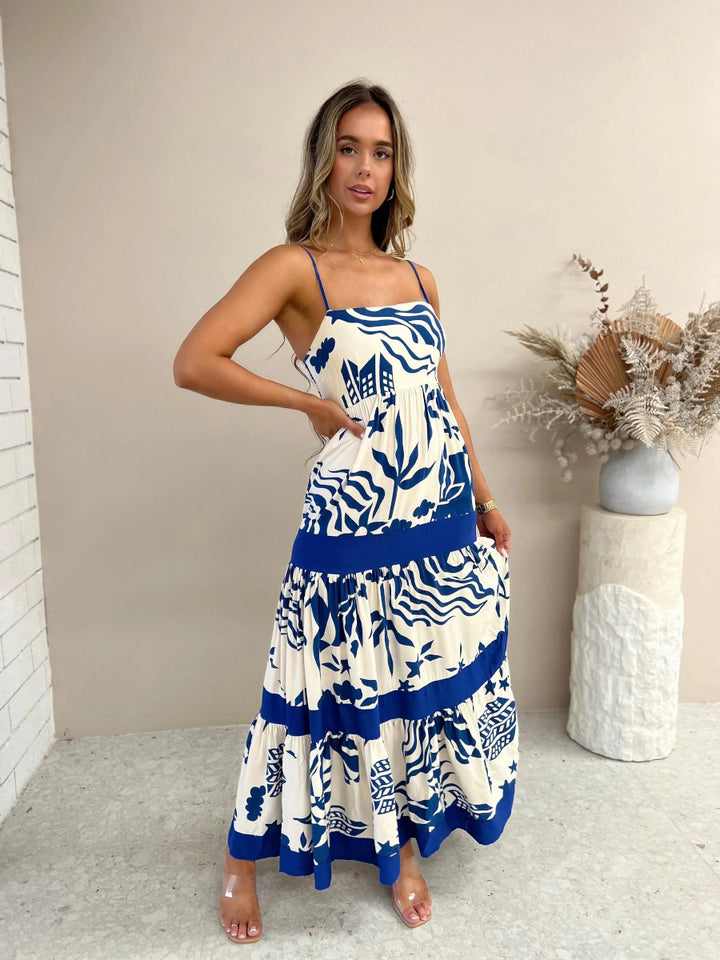 Damen Maxikleid mit elastischem Taillenbund und bohemian Muster Drune