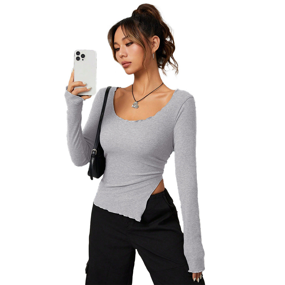 Damen figurbetontes Langarmshirt mit asymmetrischem Saum und elegantem Ausschnitt Drune