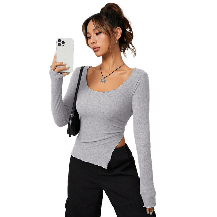 Damen figurbetontes Langarmshirt mit asymmetrischem Saum und elegantem Ausschnitt Drune