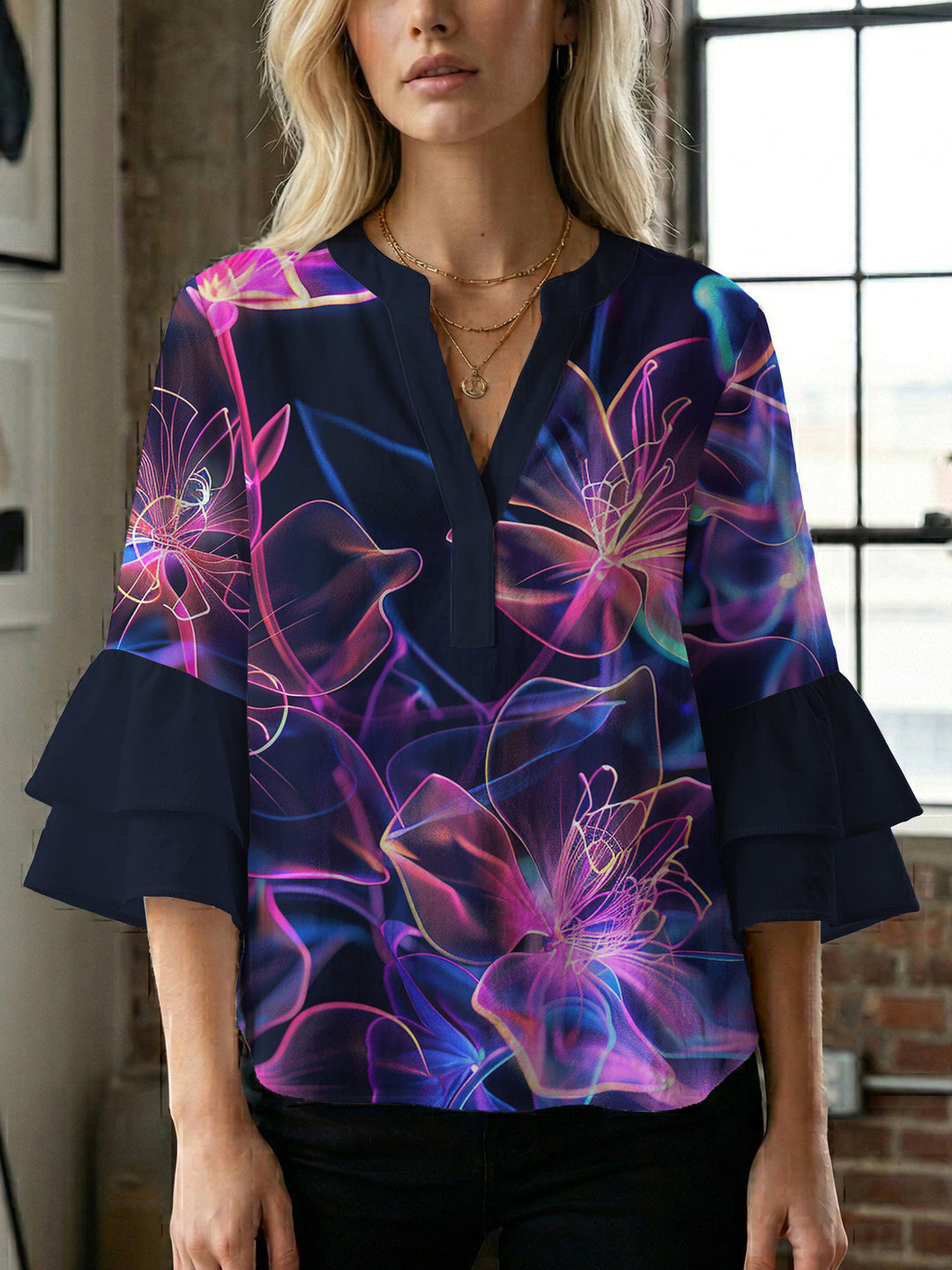 Damen Bluse mit voluminösen Rüschenärmeln und floralem Muster Drune