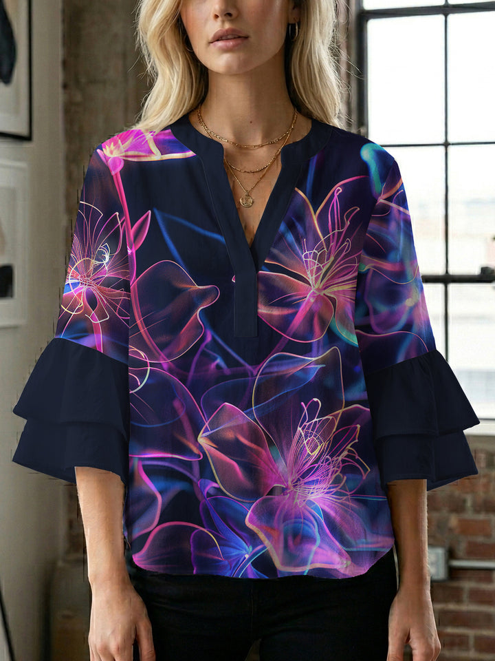 Damen Bluse mit voluminösen Rüschenärmeln und floralem Muster Drune