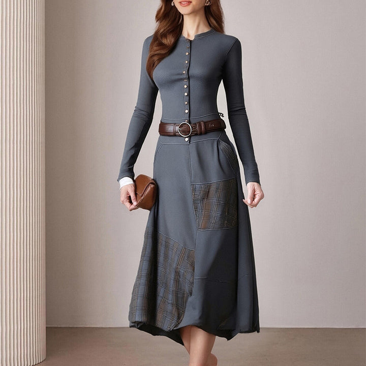 Damen Elegantes Midi-Kleid mit Knopfleiste und Kontrastdetails Drune