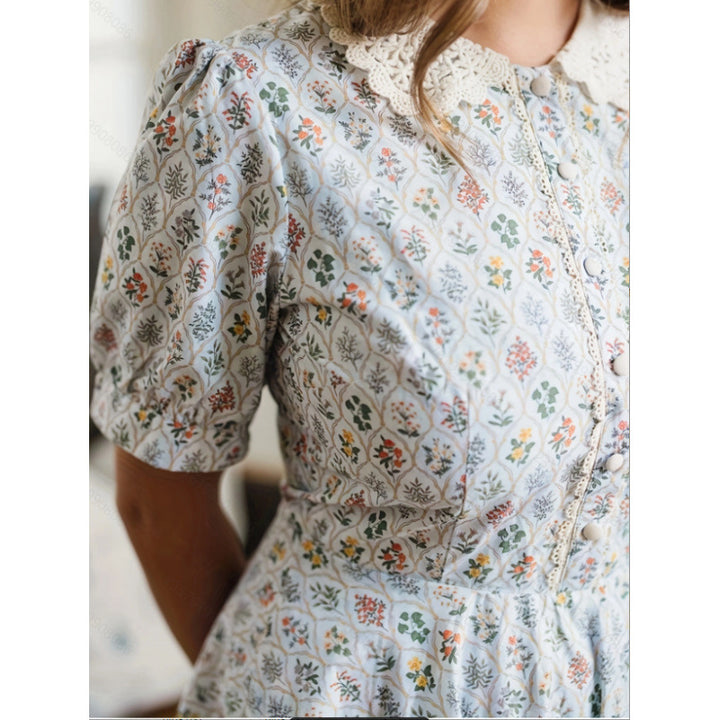 Damen Kleid mit geblümtem Design und klassischem Kragen Drune