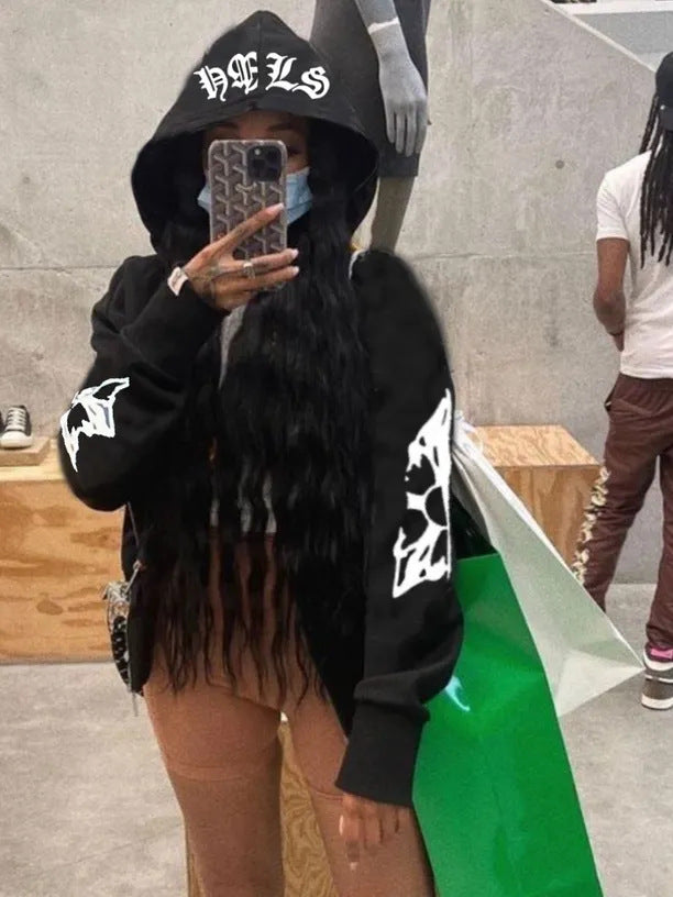 Damen Urbaner Kapuzenjacke mit seitlichem Reißverschluss und detailliertem Grafikdruck Drune