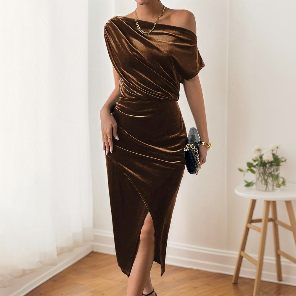 Damen Elegantes Maxikleid mit schulterfreiem Design und luxuriösem Samt Drune